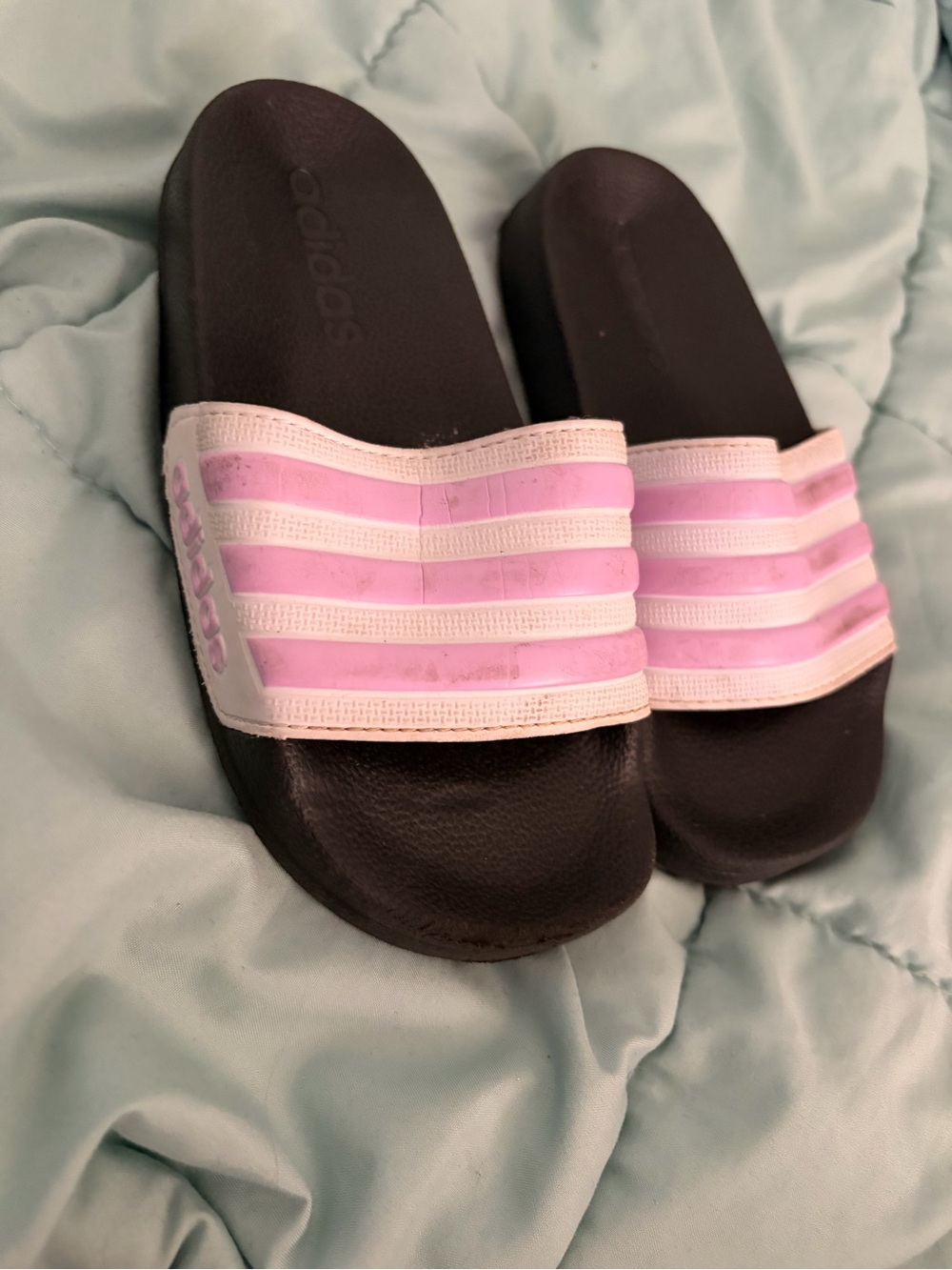 adidas Black Slides with Pink and White Striped Strap - Kids